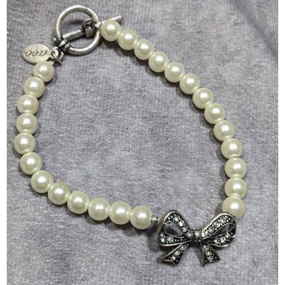 AEO Y2K Coquette Faux Pearl Bracelet With Rhinestone Bow Charm & Toggle Clasp