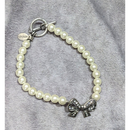 AEO Y2K Coquette Faux Pearl Bracelet With Rhinestone Bow Charm & Toggle Clasp
