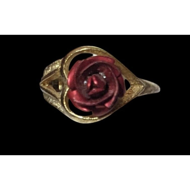 Vintage Open Heart Red Rose Gold Tone Fashion Ring Size 6