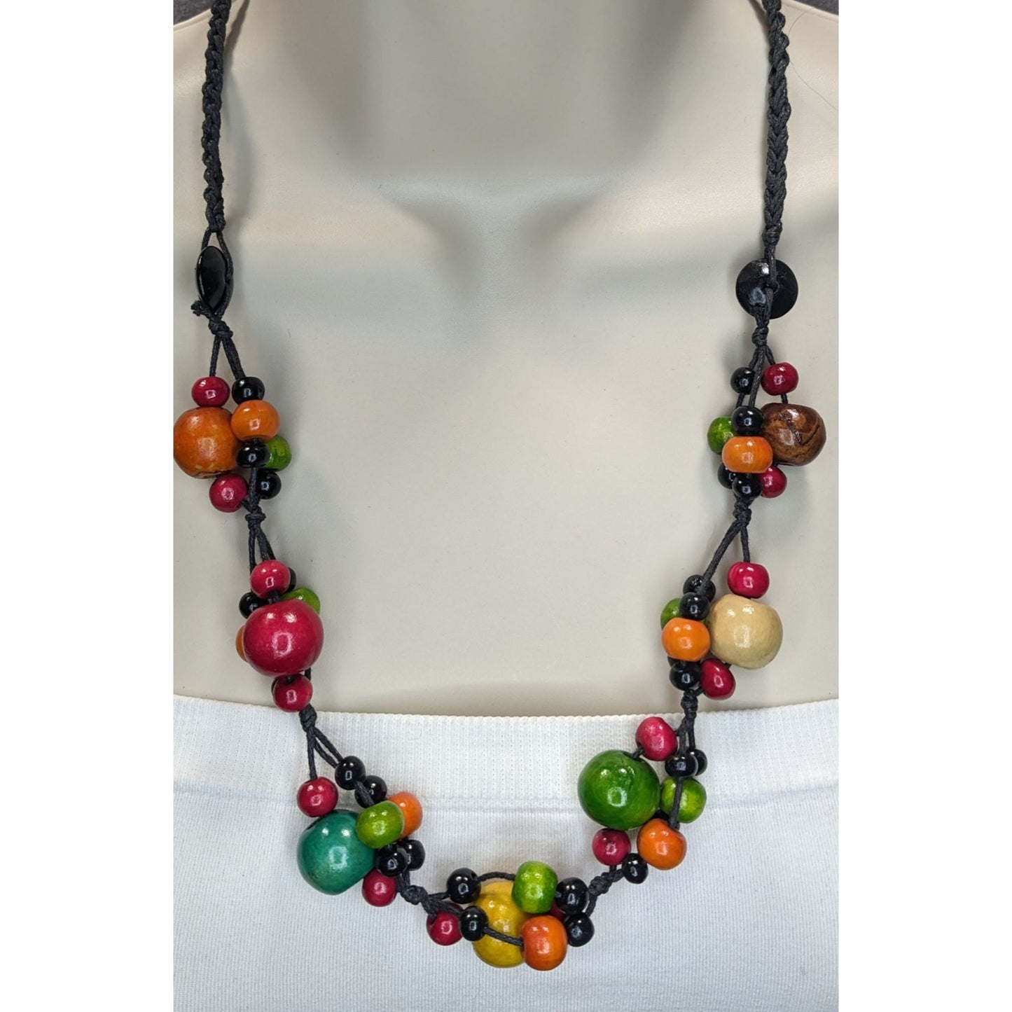Boho Handmade Vintage Rainbow Wooden Bead Cluster Statement Necklace