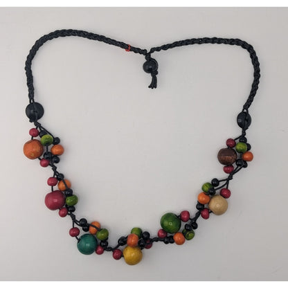 Boho Handmade Vintage Rainbow Wooden Bead Cluster Statement Necklace