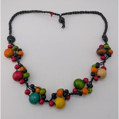 Boho Handmade Vintage Rainbow Wooden Bead Cluster Statement Necklace