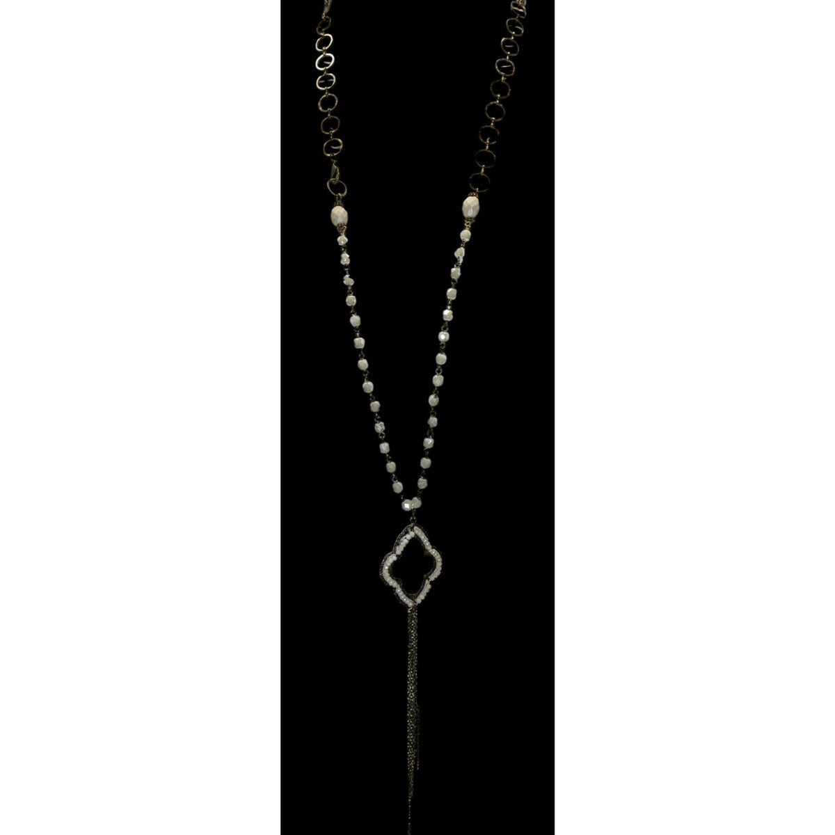 Boho Romantic Glass Bead Quatrefoil Pendant Tassel Necklace Antique Gold 30 Inch