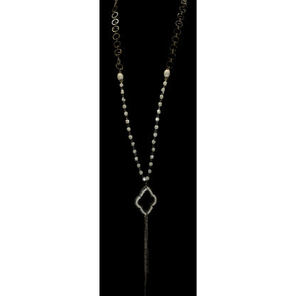 Boho Romantic Glass Bead Quatrefoil Pendant Tassel Necklace Antique Gold 30 Inch