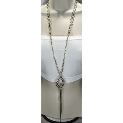 Boho Romantic Glass Bead Quatrefoil Pendant Tassel Necklace Antique Gold 30 Inch