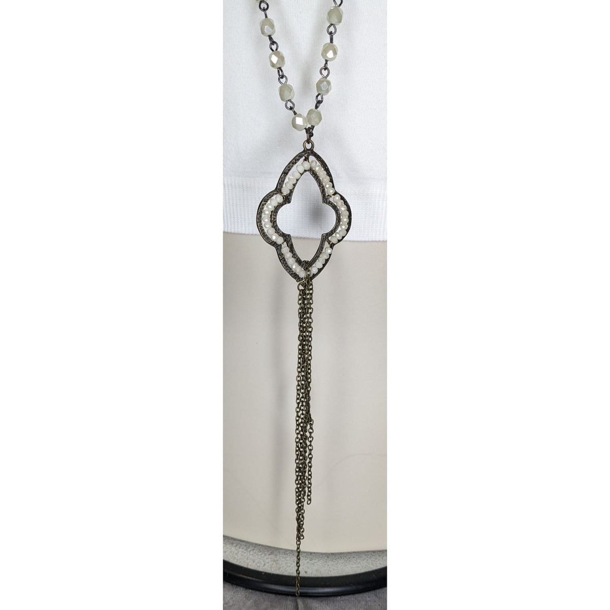 Boho Romantic Glass Bead Quatrefoil Pendant Tassel Necklace Antique Gold 30 Inch