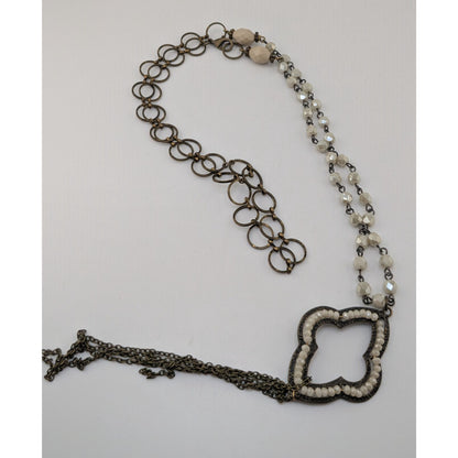 Boho Romantic Glass Bead Quatrefoil Pendant Tassel Necklace Antique Gold 30 Inch