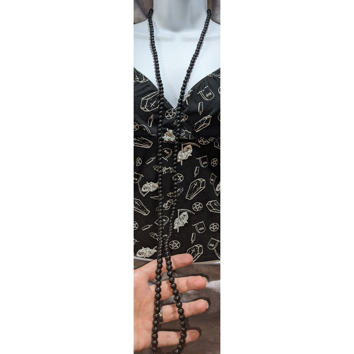 Gothic Glam Black Round Beaded Opera Necklace Extra Long 56 Inch
