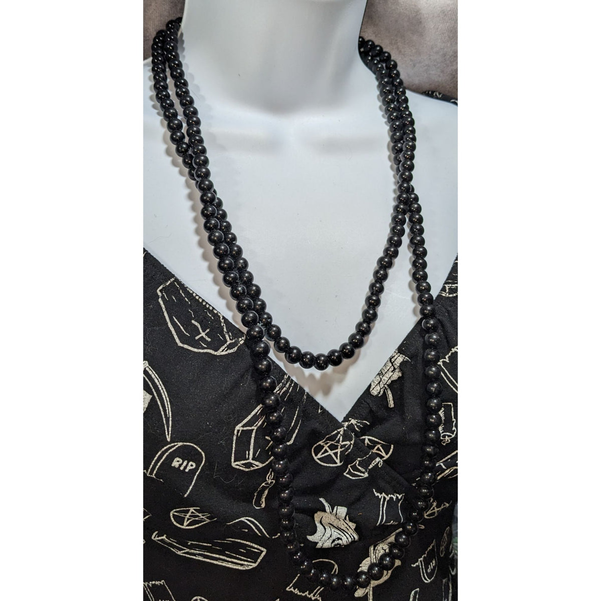 Gothic Glam Black Round Beaded Opera Necklace Extra Long 56 Inch