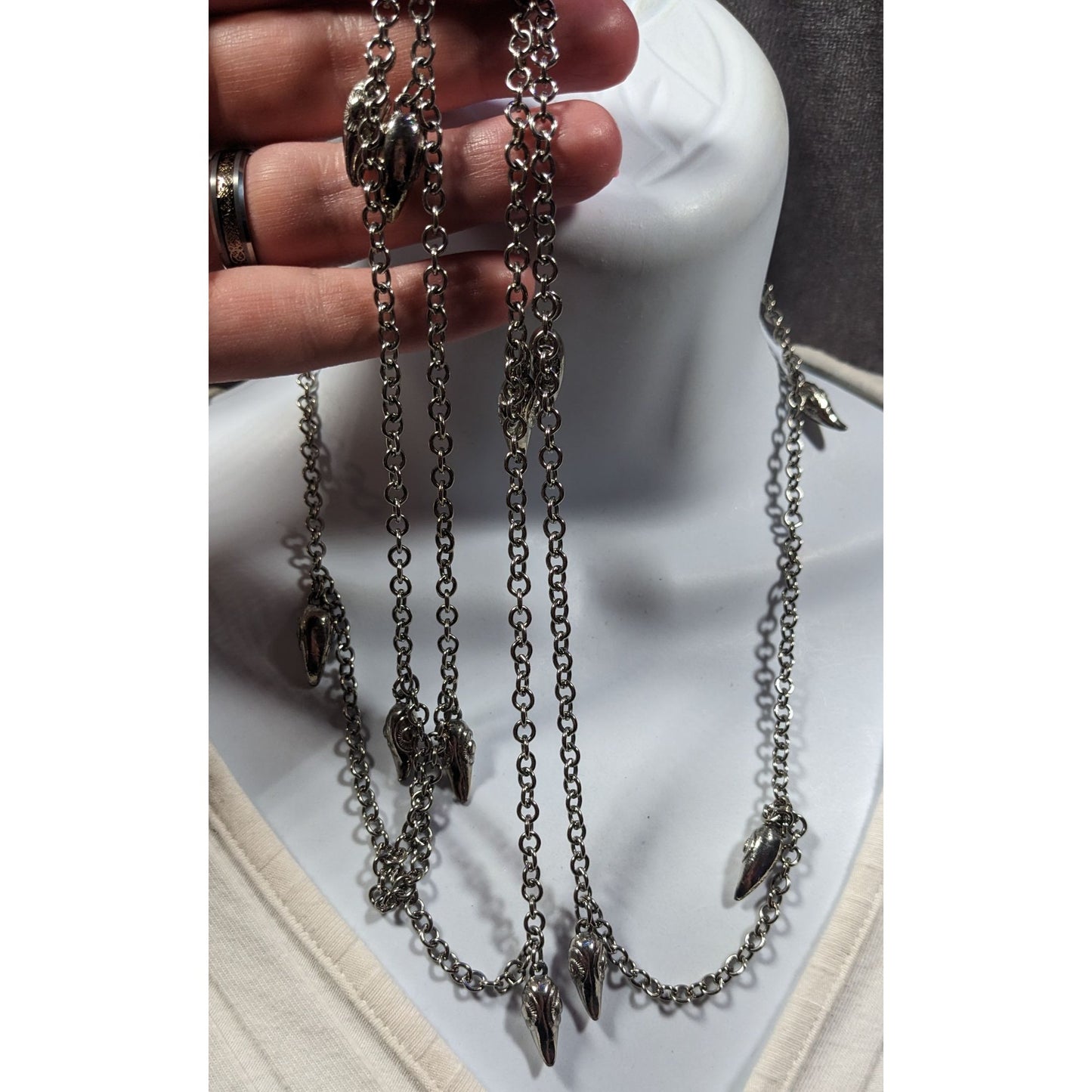 Unique Silver Tone Claw Charm Opera Necklace