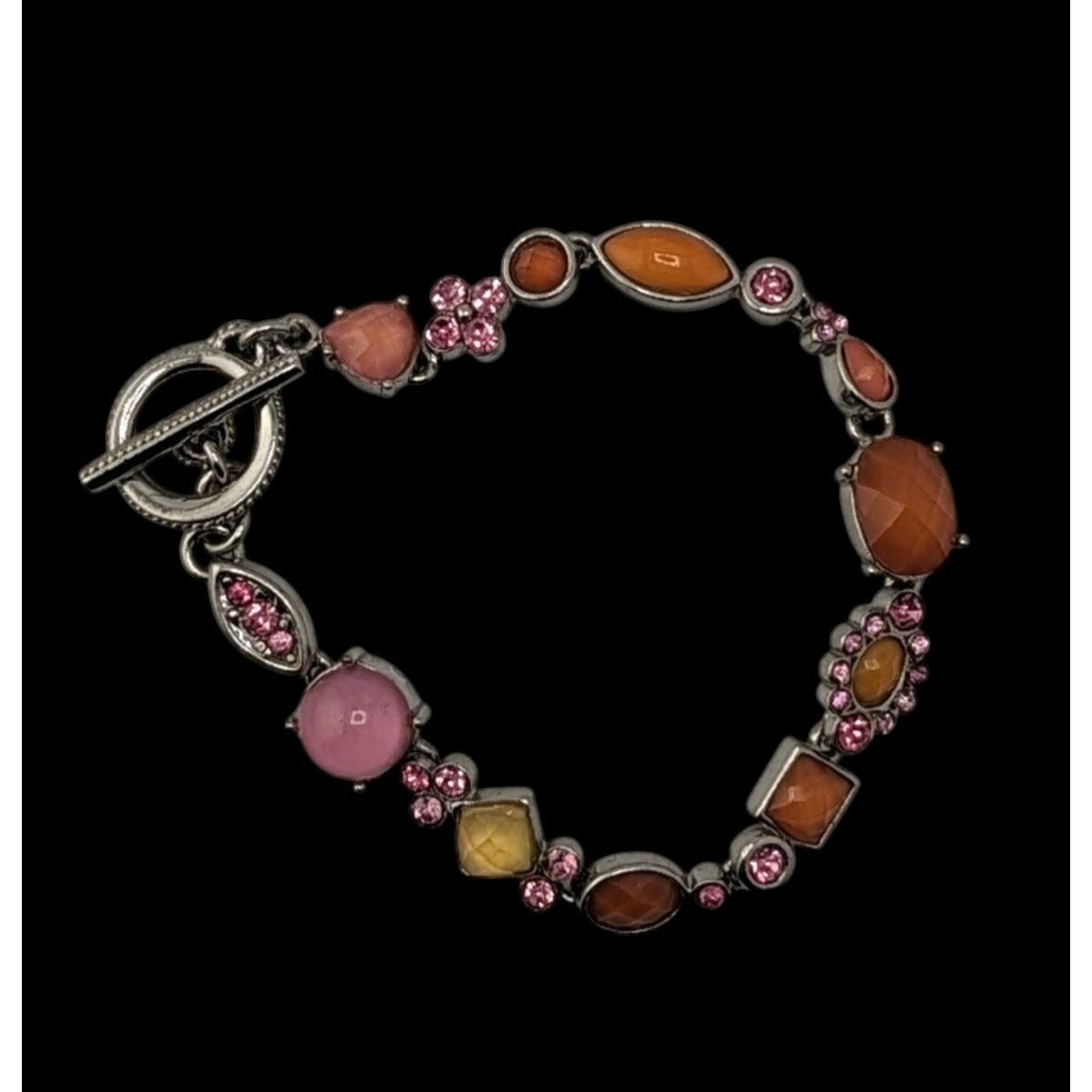 Vintage Retro Pink And Orange Floral Multi-Stone Toggle Bracelet