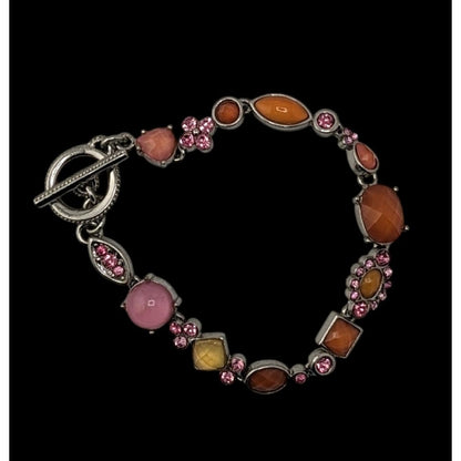 Vintage Retro Pink And Orange Floral Multi-Stone Toggle Bracelet