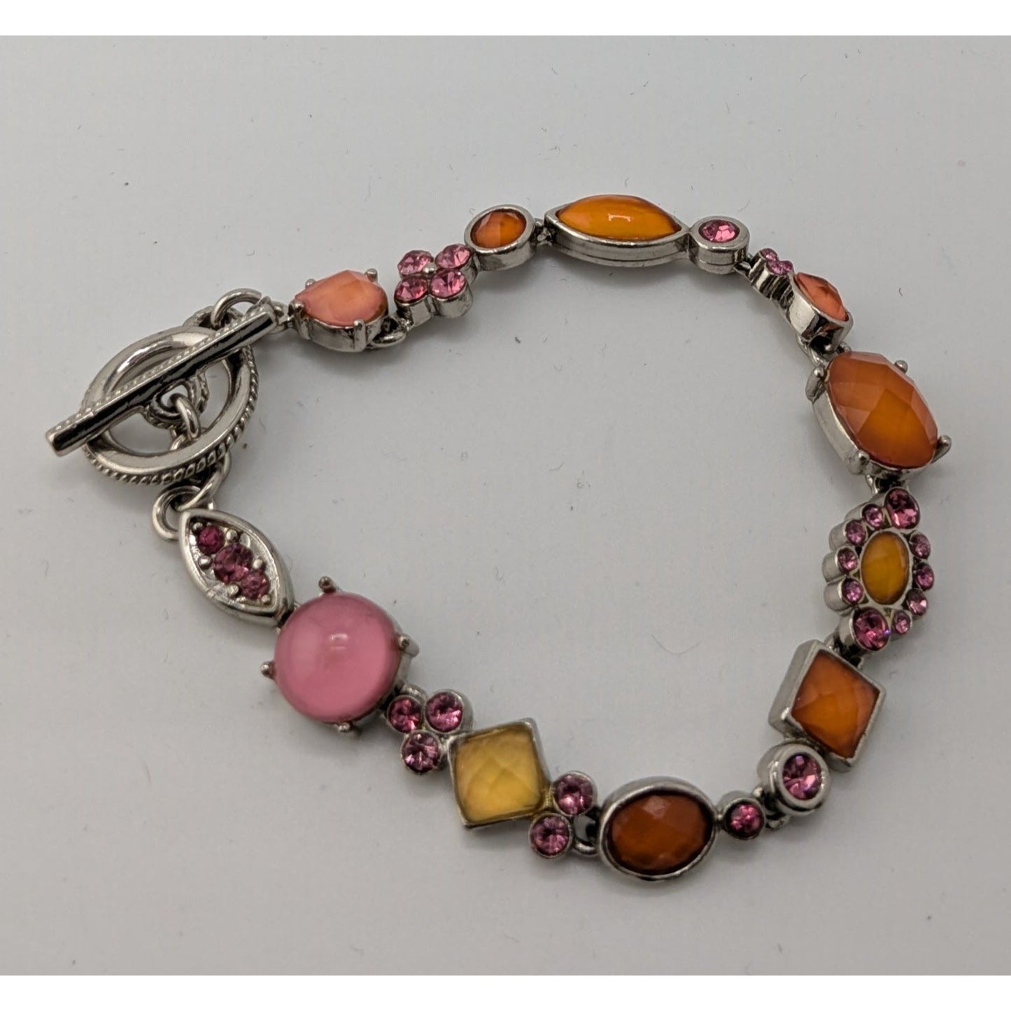 Vintage Retro Pink And Orange Floral Multi-Stone Toggle Bracelet