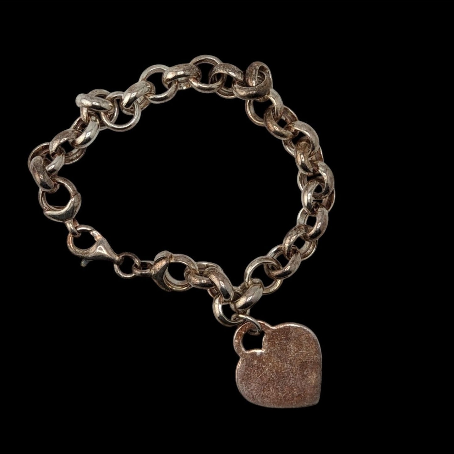 Vintage 925 Italy Sterling Silver Heart Charm Rolo Link Bracelet Minimalist Classic