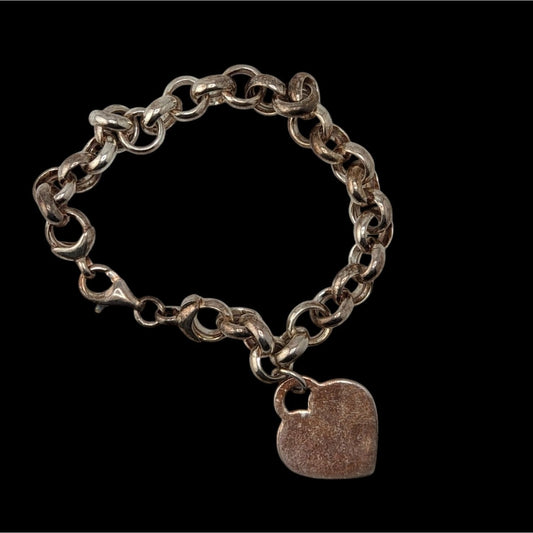 Vintage 925 Italy Sterling Silver Heart Charm Rolo Link Bracelet Minimalist Classic