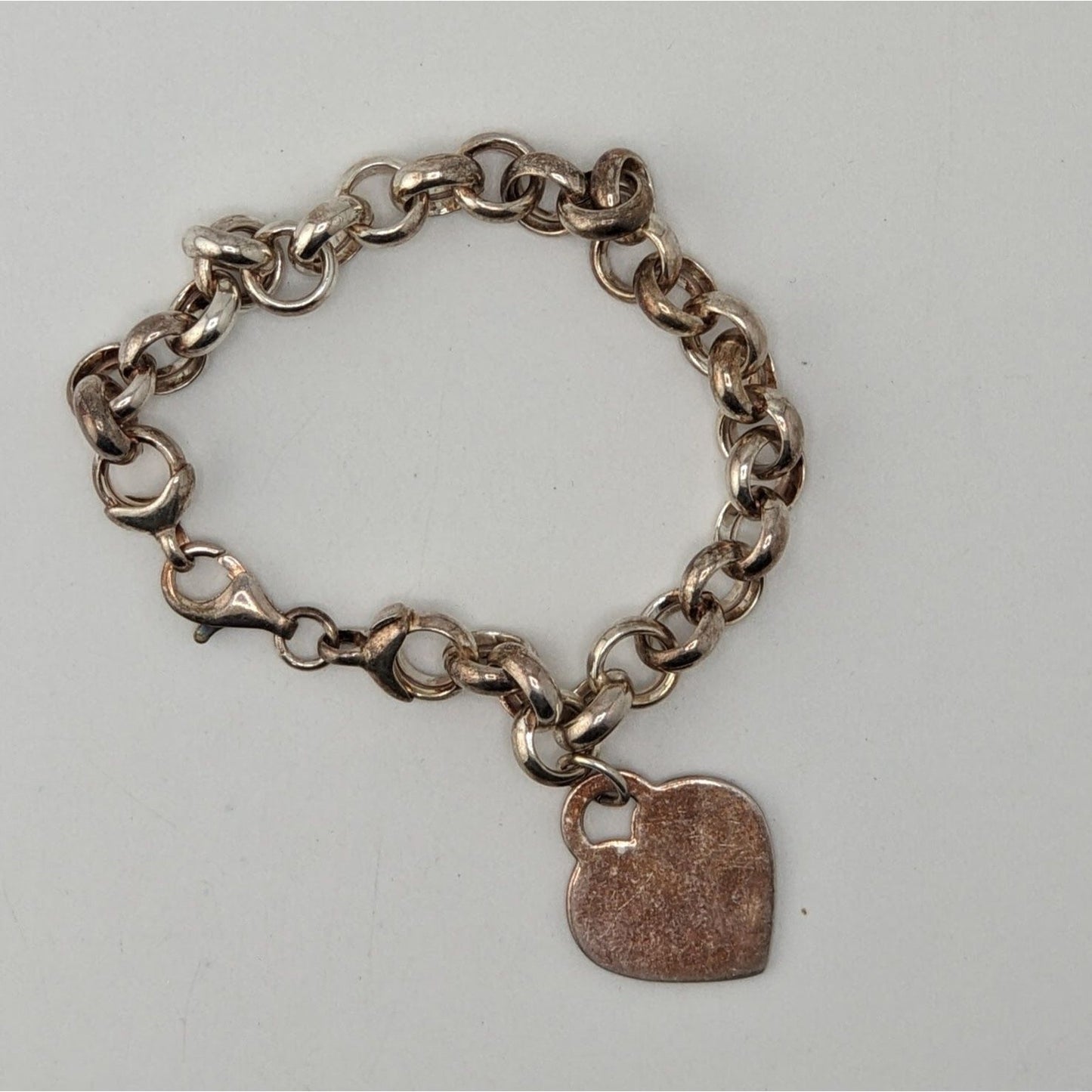 Vintage 925 Italy Sterling Silver Heart Charm Rolo Link Bracelet Minimalist Classic