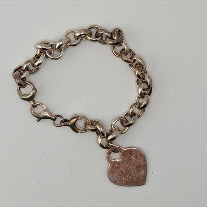 Vintage 925 Italy Sterling Silver Heart Charm Rolo Link Bracelet Minimalist Classic