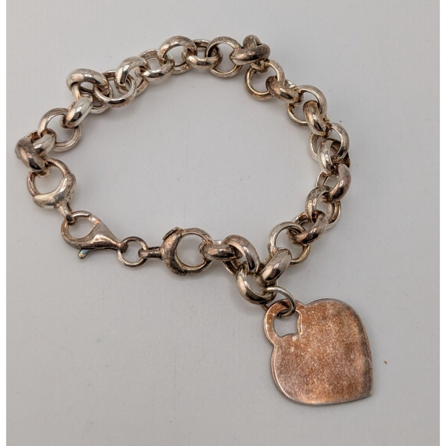 Vintage 925 Italy Sterling Silver Heart Charm Rolo Link Bracelet Minimalist Classic