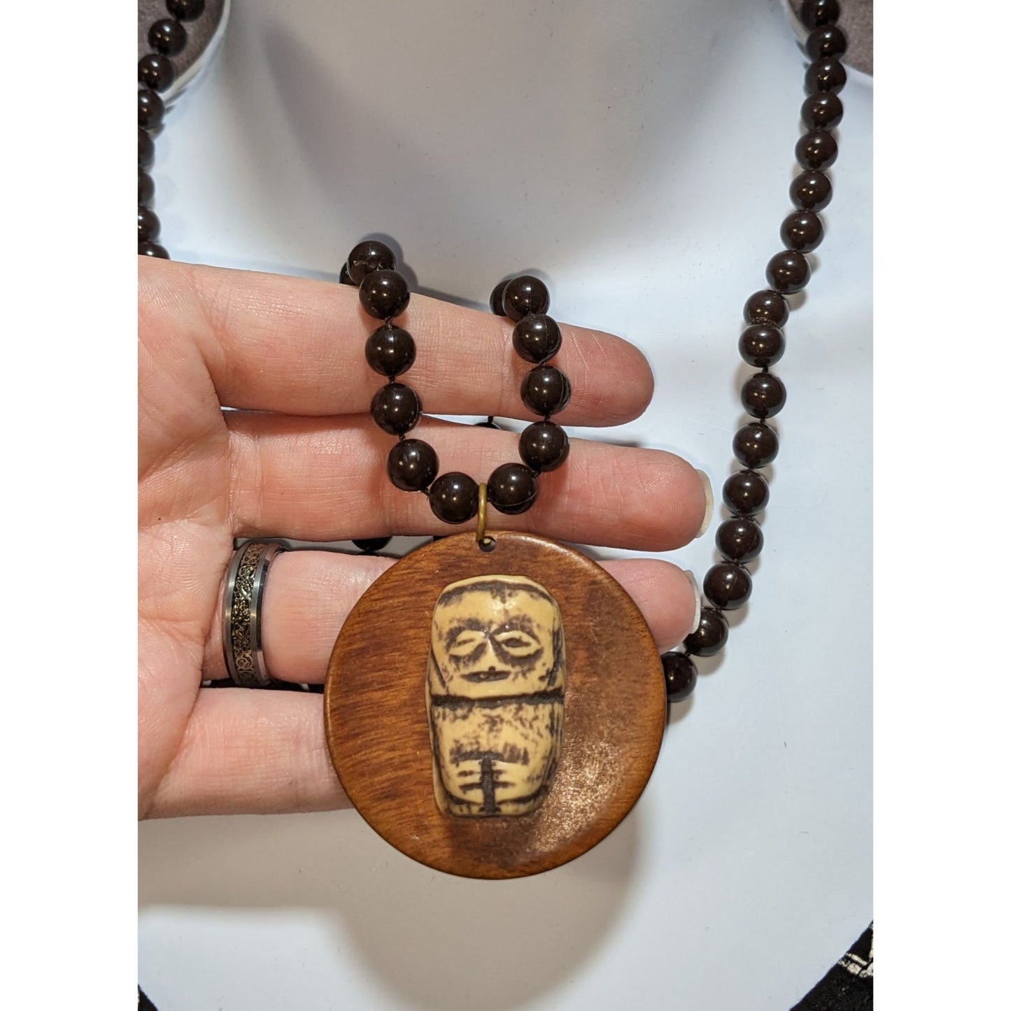 Hand-Carved Wooden Beaded Necklace With Tribal-Inspired Pendant