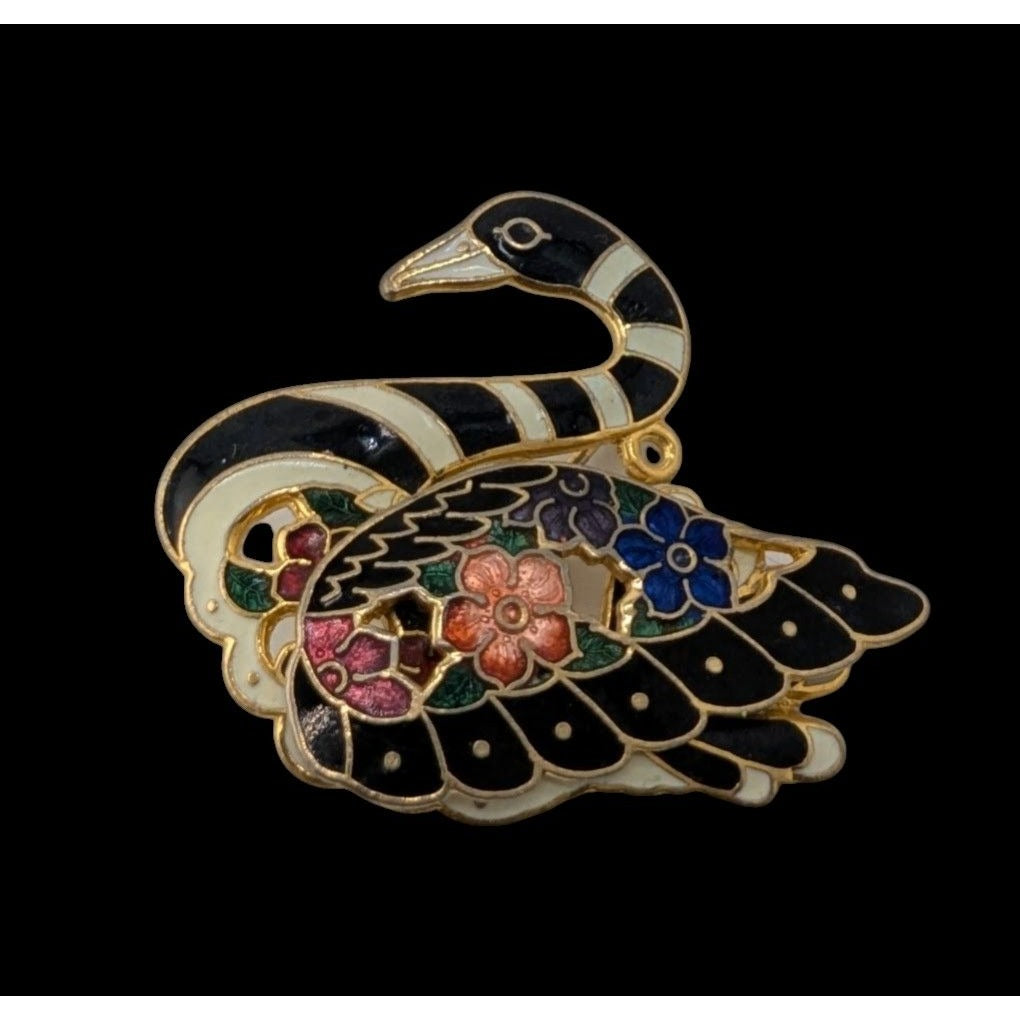 Vintage Cloisonné Swan Brooch With Floral Detailing And Black Enamel Accents