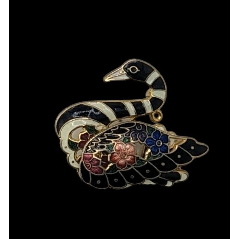 Vintage Cloisonné Swan Brooch With Floral Detailing And Black Enamel Accents