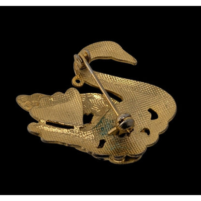 Vintage Cloisonné Swan Brooch With Floral Detailing And Black Enamel Accents