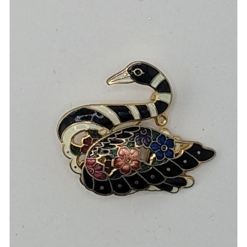 Vintage Cloisonné Swan Brooch With Floral Detailing And Black Enamel Accents
