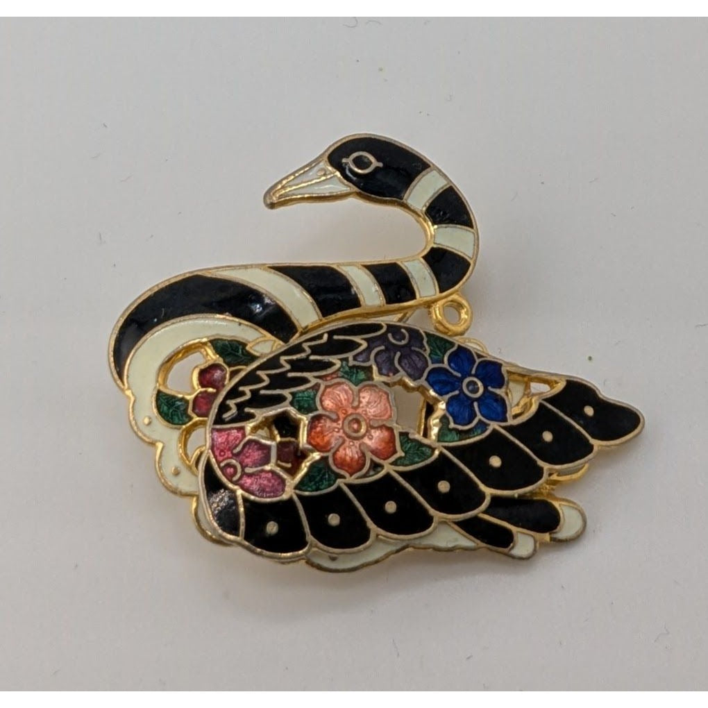 Vintage Cloisonné Swan Brooch With Floral Detailing And Black Enamel Accents