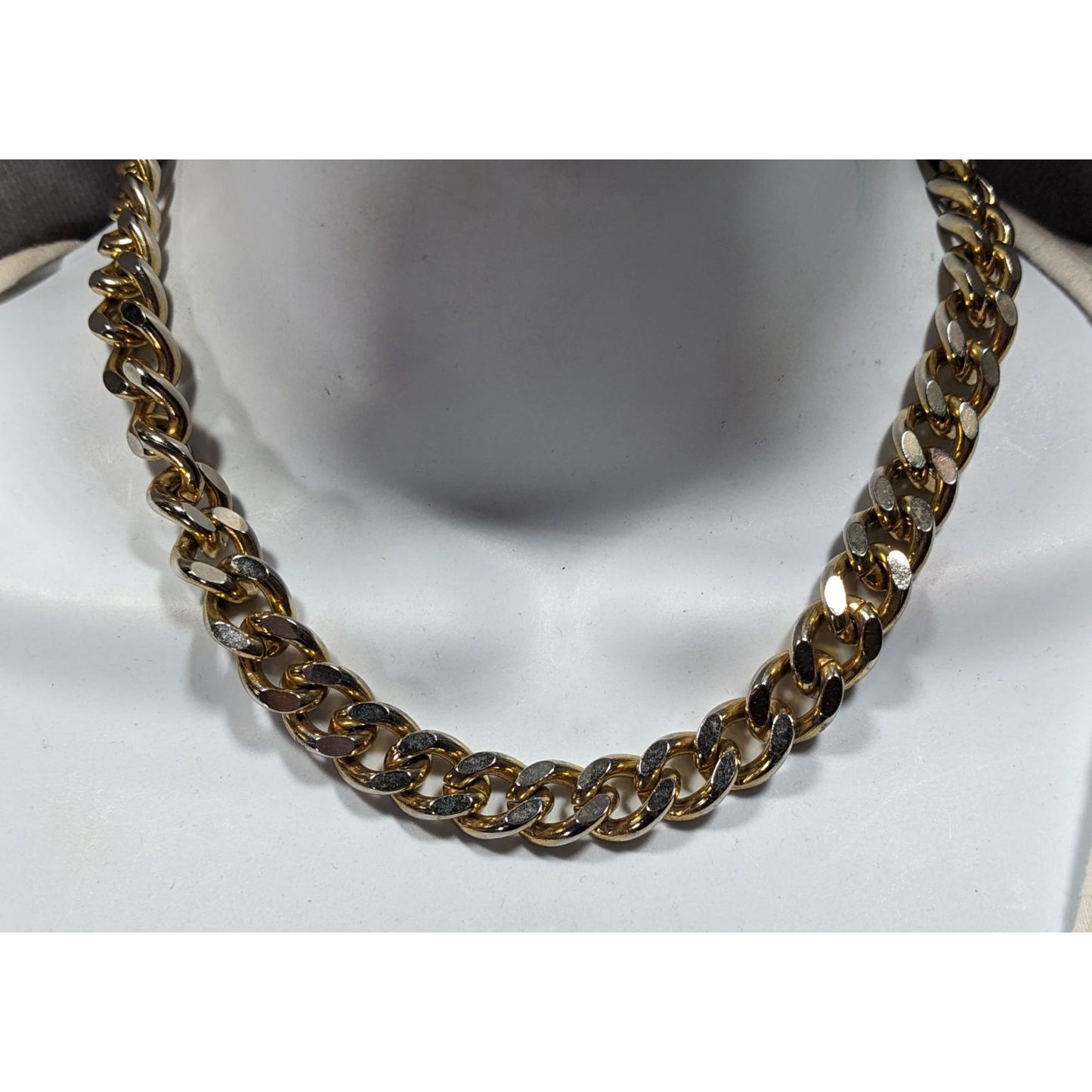 Classic Chunky Heavy Gold Tone Chain Necklace With Silver Tone Accents