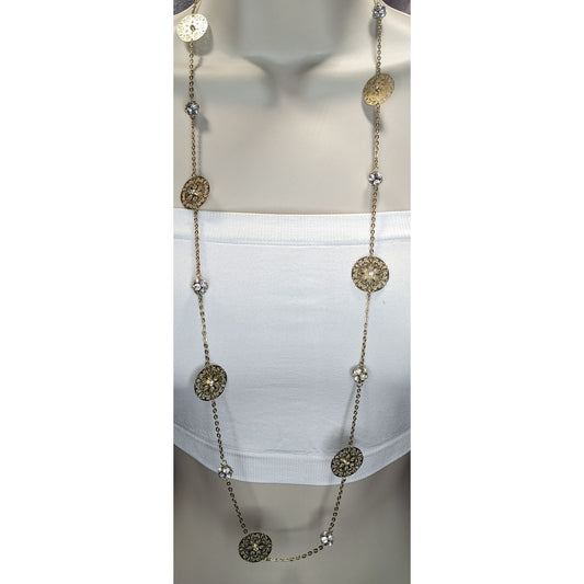 Boho Gold Filigree Floral Rhinestone Station Necklace Romantic Vintage Style