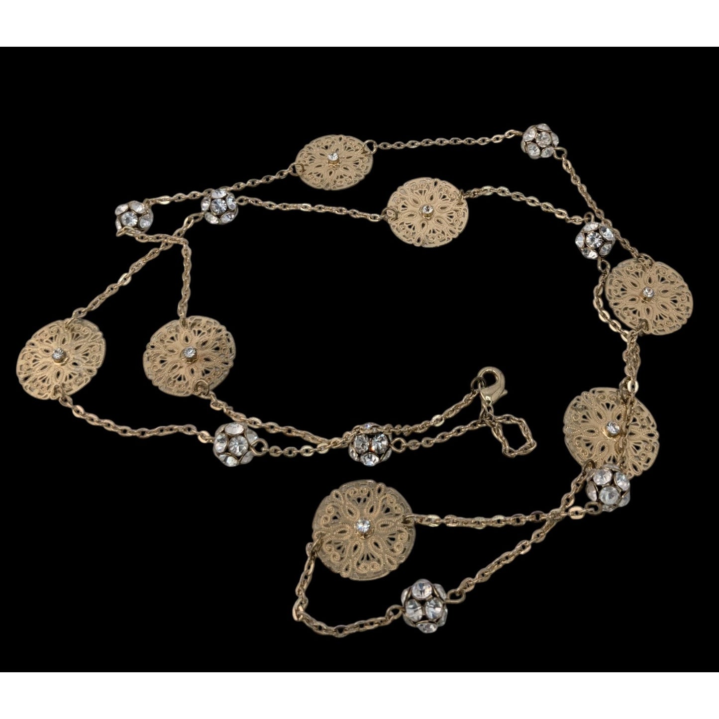 Boho Gold Filigree Floral Rhinestone Station Necklace Romantic Vintage Style