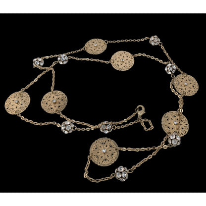 Boho Gold Filigree Floral Rhinestone Station Necklace Romantic Vintage Style