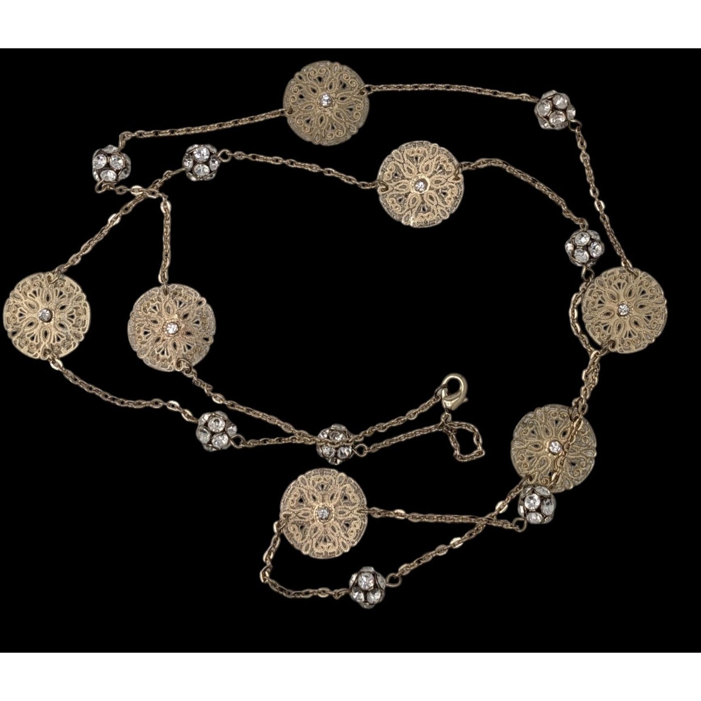 Boho Gold Filigree Floral Rhinestone Station Necklace Romantic Vintage Style