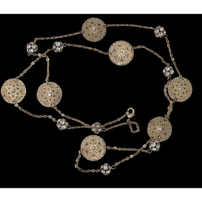 Boho Gold Filigree Floral Rhinestone Station Necklace Romantic Vintage Style
