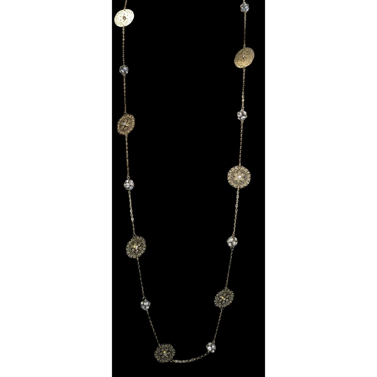Boho Gold Filigree Floral Rhinestone Station Necklace Romantic Vintage Style