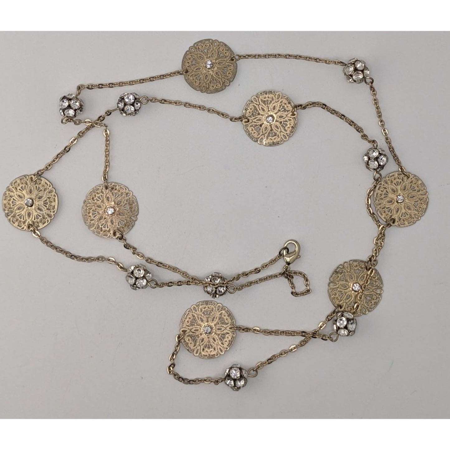Boho Gold Filigree Floral Rhinestone Station Necklace Romantic Vintage Style