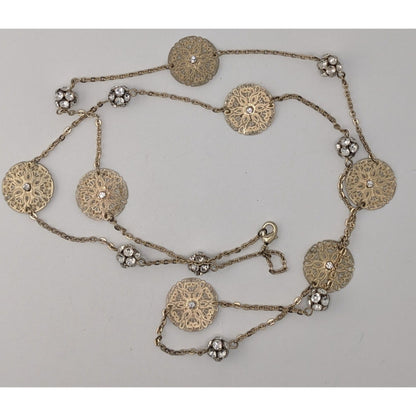 Boho Gold Filigree Floral Rhinestone Station Necklace Romantic Vintage Style