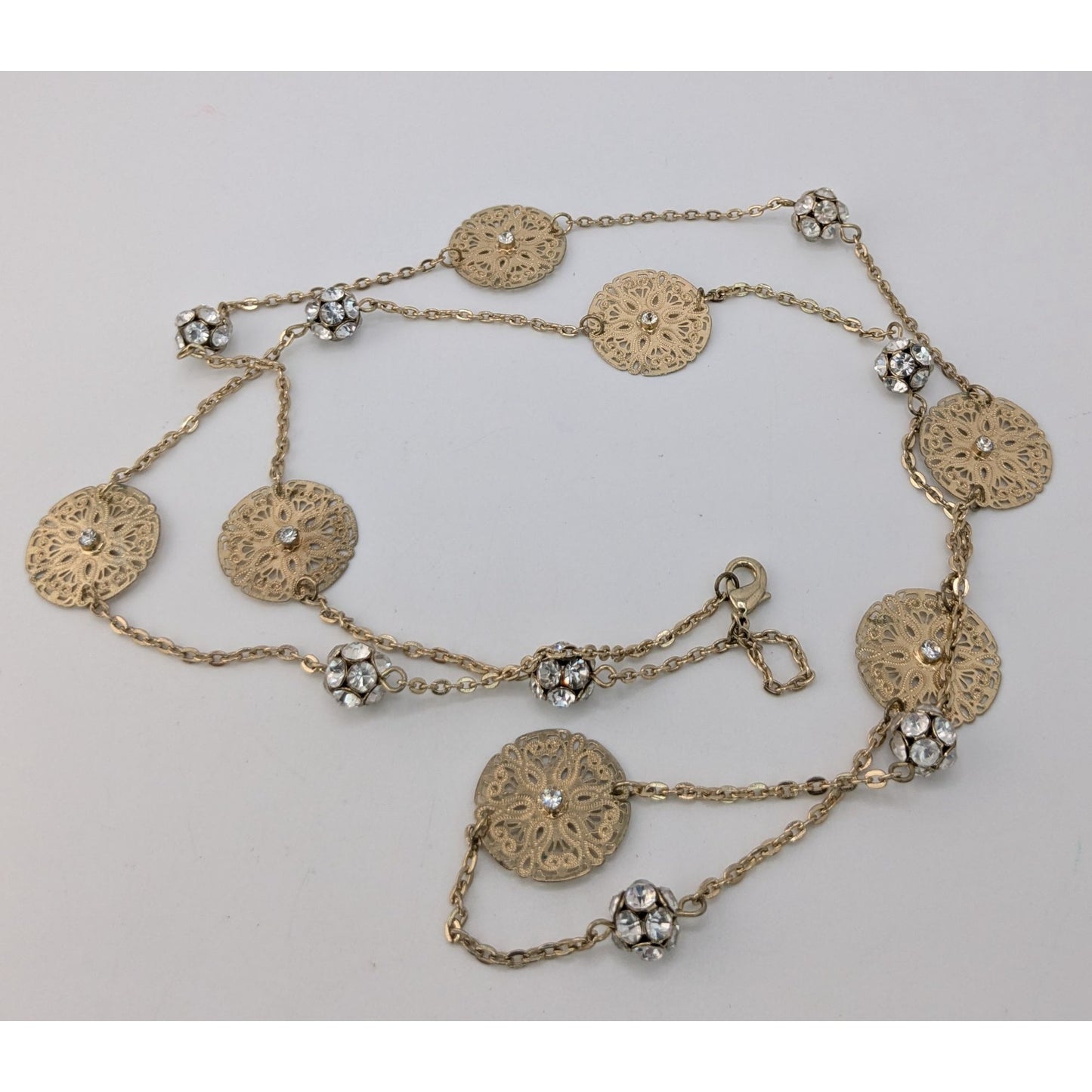Boho Gold Filigree Floral Rhinestone Station Necklace Romantic Vintage Style