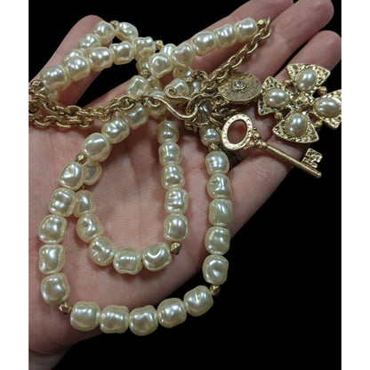 Elegant Glam Faux Pearl Hammered Gold Tone Charm Necklace