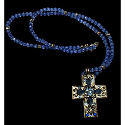 Vintage 90s Blue And Silver Beaded Cross Necklace