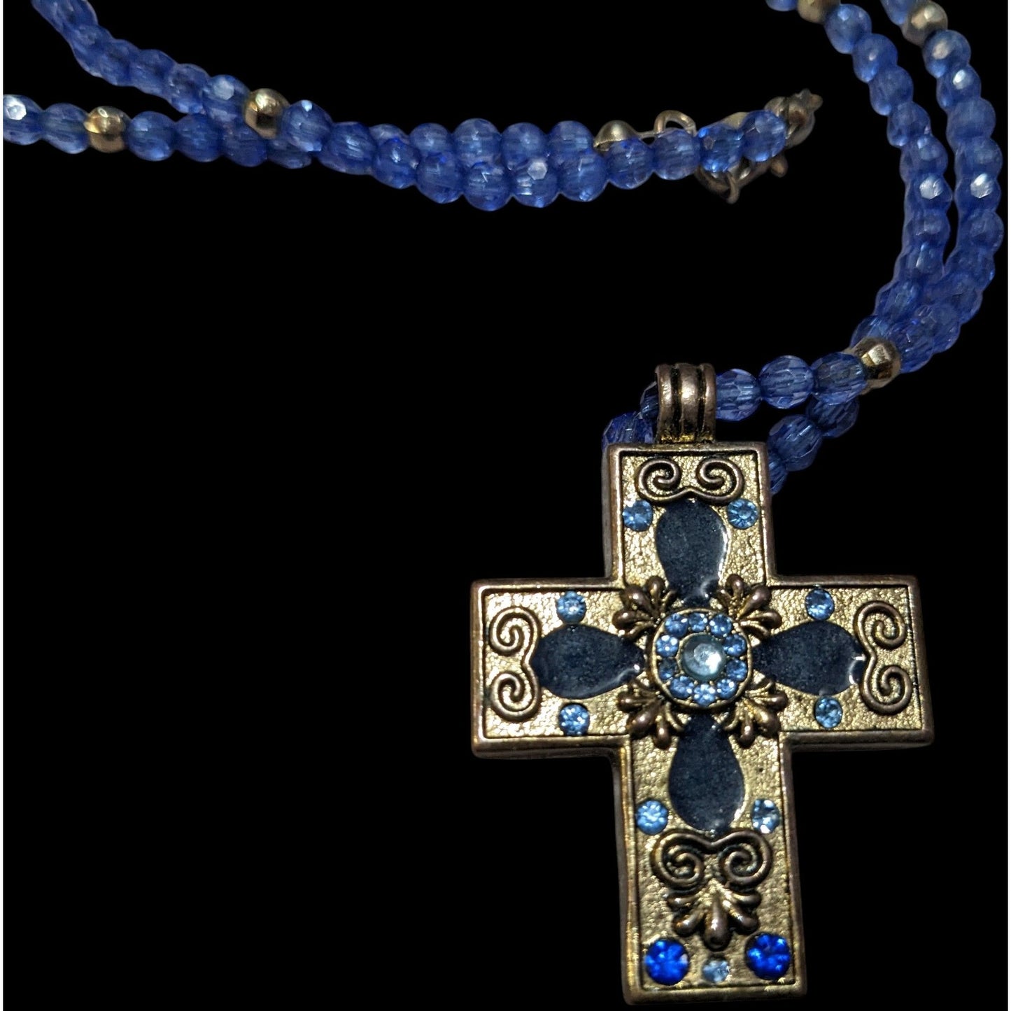 Vintage 90s Blue And Silver Beaded Cross Necklace