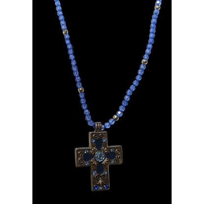 Vintage 90s Blue And Silver Beaded Cross Necklace