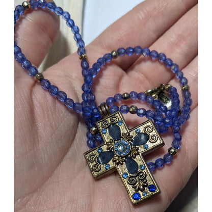 Vintage 90s Blue And Silver Beaded Cross Necklace