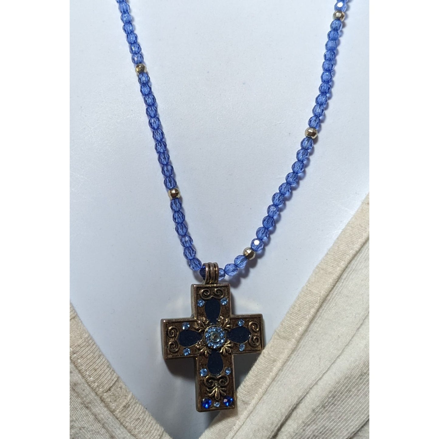 Vintage 90s Blue And Silver Beaded Cross Necklace