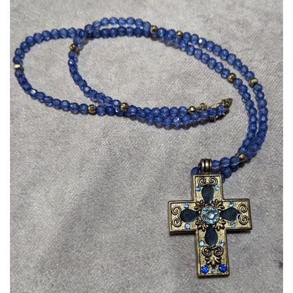 Vintage 90s Blue And Silver Beaded Cross Necklace