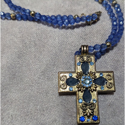 Vintage 90s Blue And Silver Beaded Cross Necklace