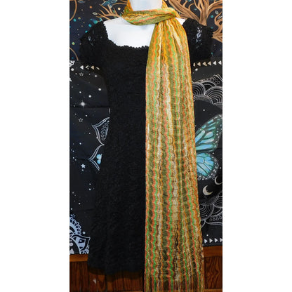 Vintage 70S Wavy Striped Gold & Green Metallic Scarf With 6" Fringe - 78"x22"