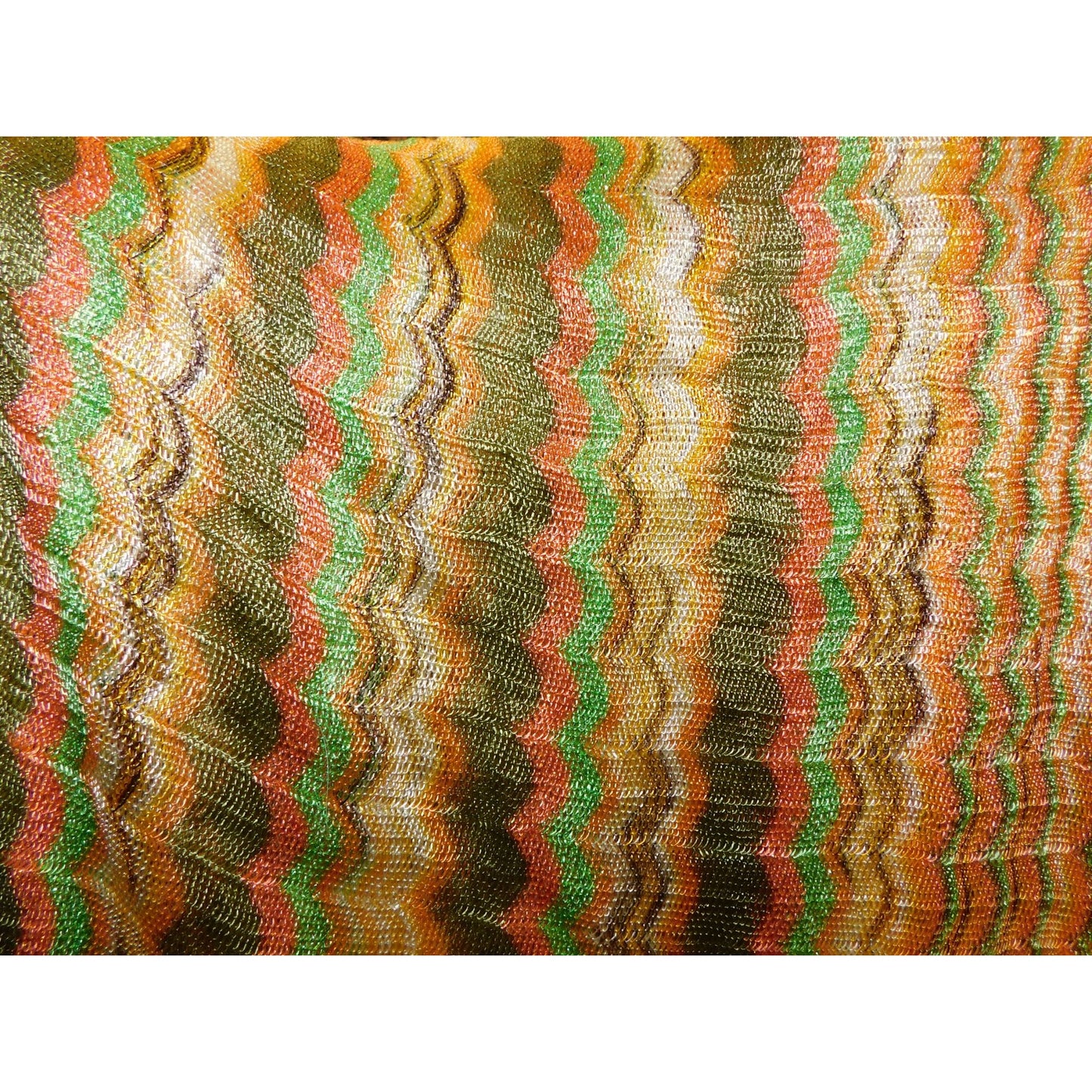 Vintage 70S Wavy Striped Gold & Green Metallic Scarf With 6" Fringe - 78"x22"