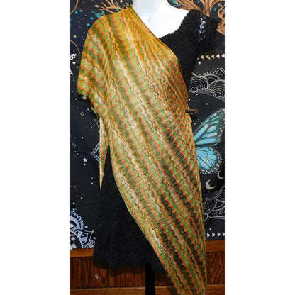 Vintage 70S Wavy Striped Gold & Green Metallic Scarf With 6" Fringe - 78"x22"