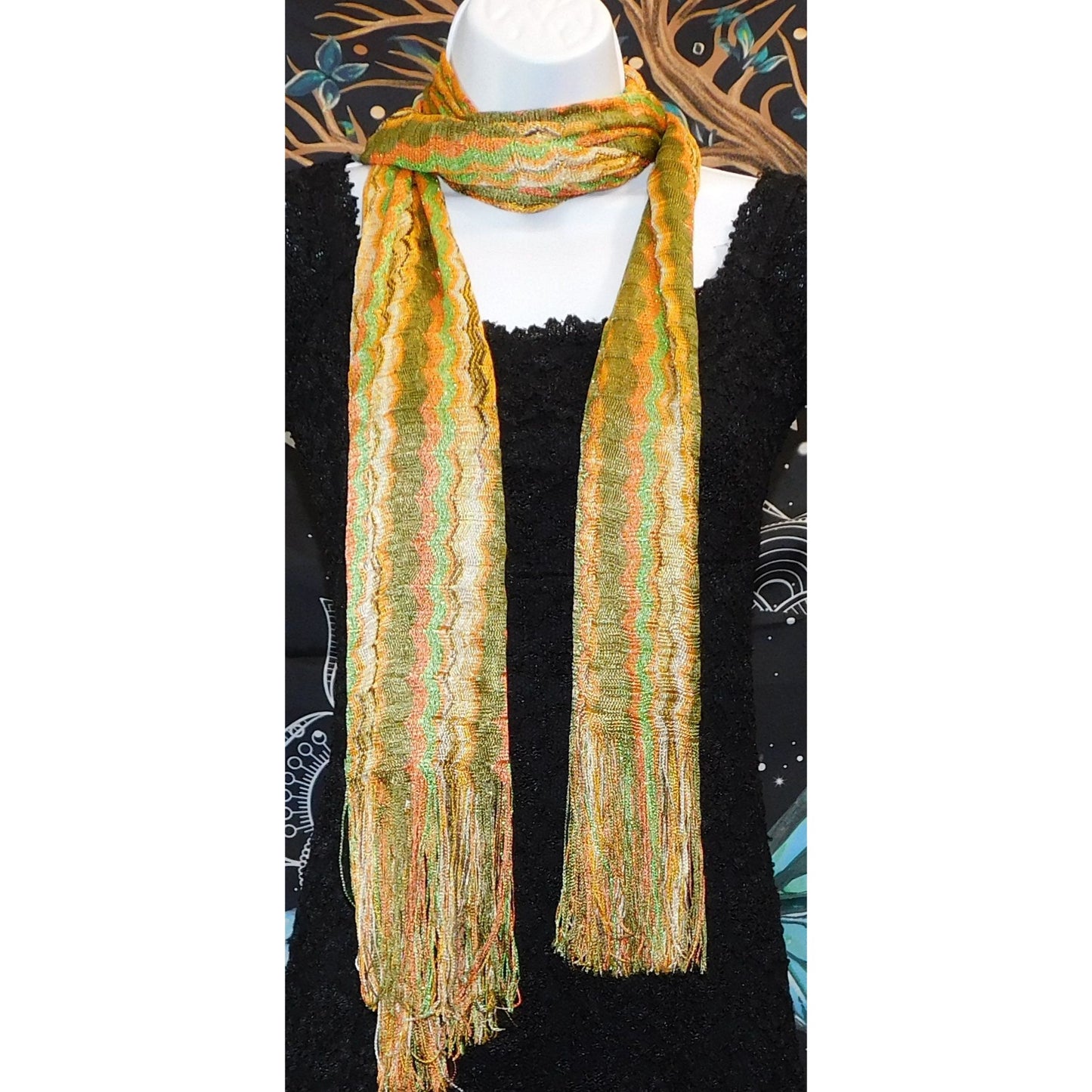 Vintage 70S Wavy Striped Gold & Green Metallic Scarf With 6" Fringe - 78"x22"